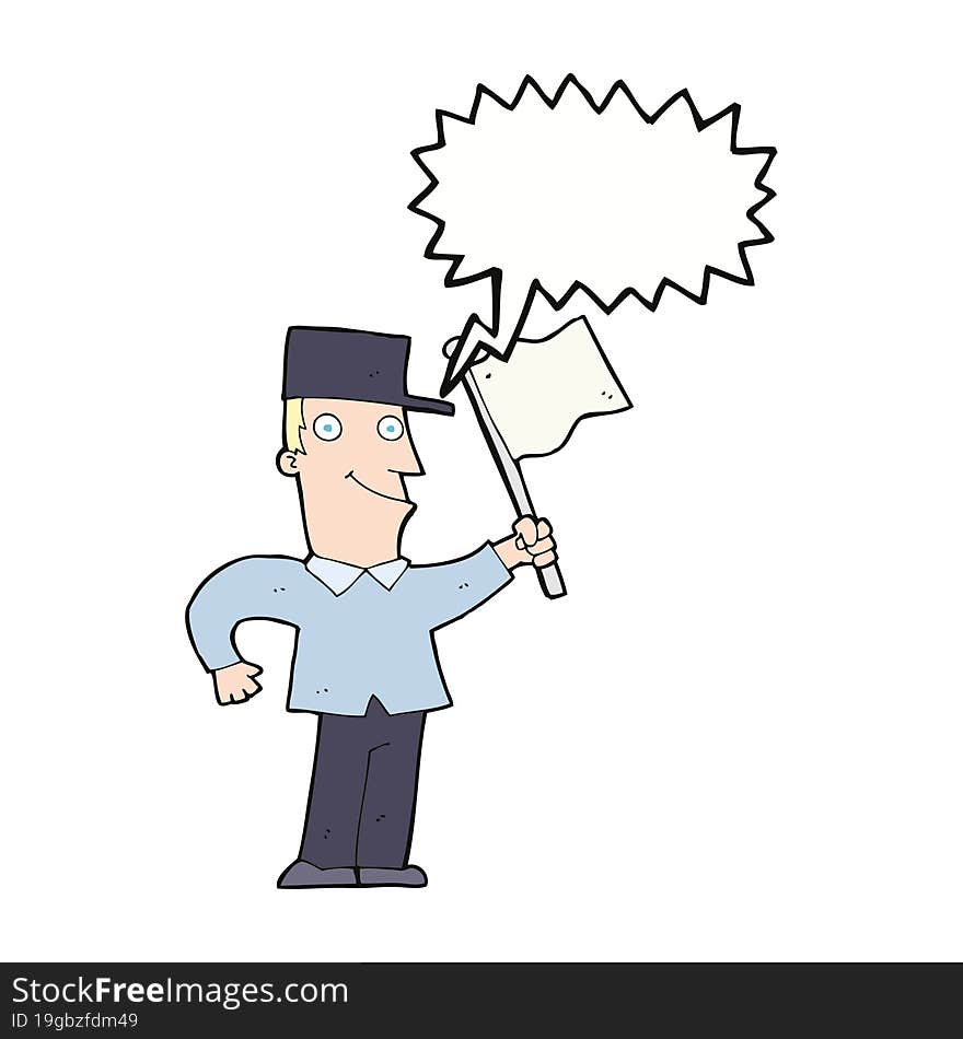 cartoon man waving flag with speech bubble