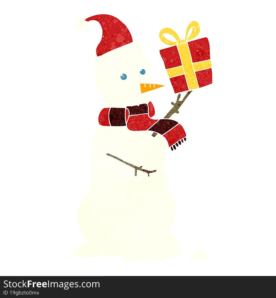 Retro Cartoon Snowman Holding Present