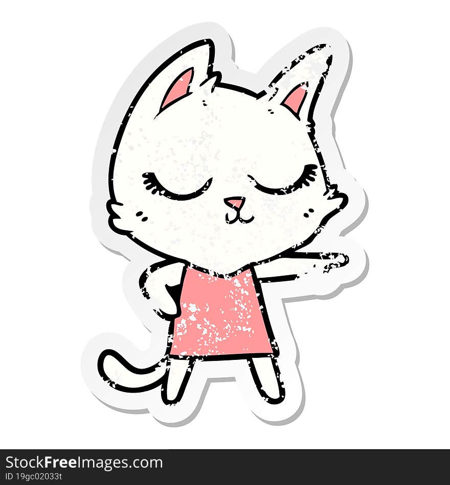 distressed sticker of a calm cartoon cat girl pointing