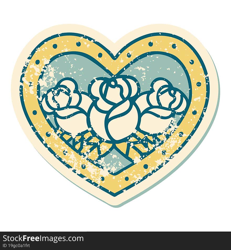 iconic distressed sticker tattoo style image of a heart and flowers. iconic distressed sticker tattoo style image of a heart and flowers