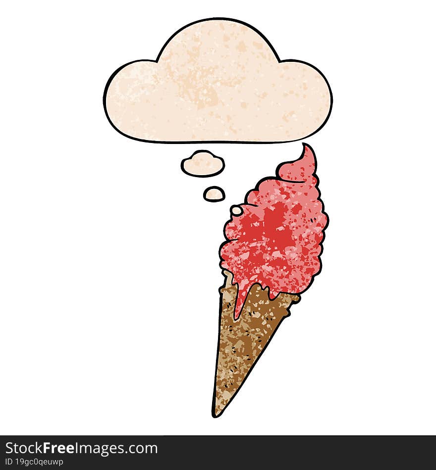 cartoon ice cream and thought bubble in grunge texture pattern style