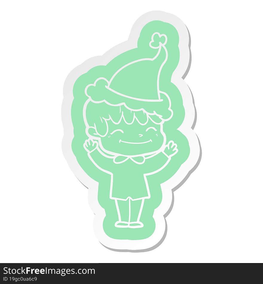 cartoon  sticker of a happy boy wearing santa hat