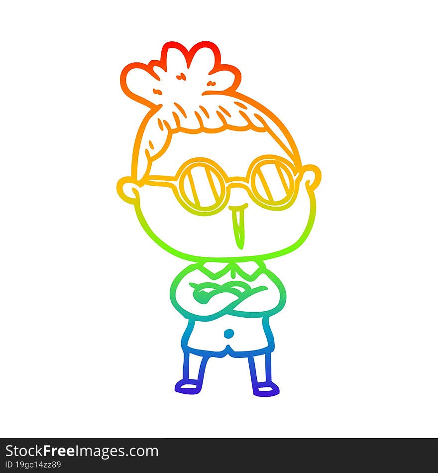 rainbow gradient line drawing of a cartoon woman wearing spectacles