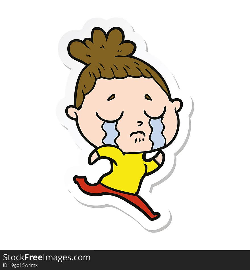 sticker of a cartoon crying woman running away