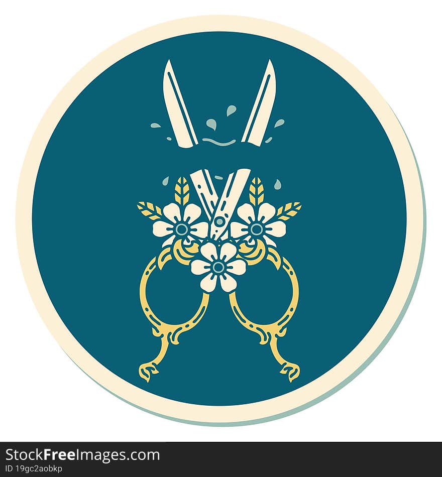 tattoo style sticker of a barber scissors and flowers