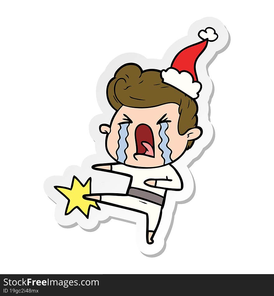 sticker cartoon of a crying man wearing santa hat