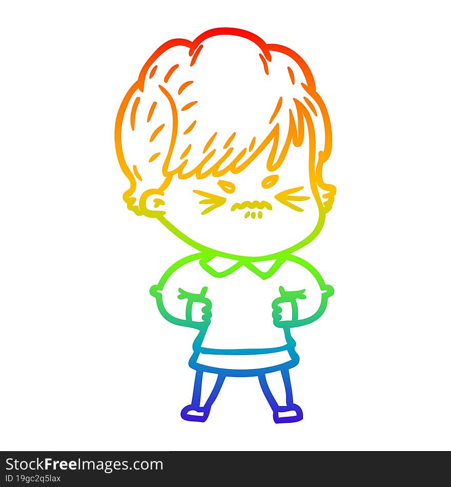 rainbow gradient line drawing cartoon frustrated woman