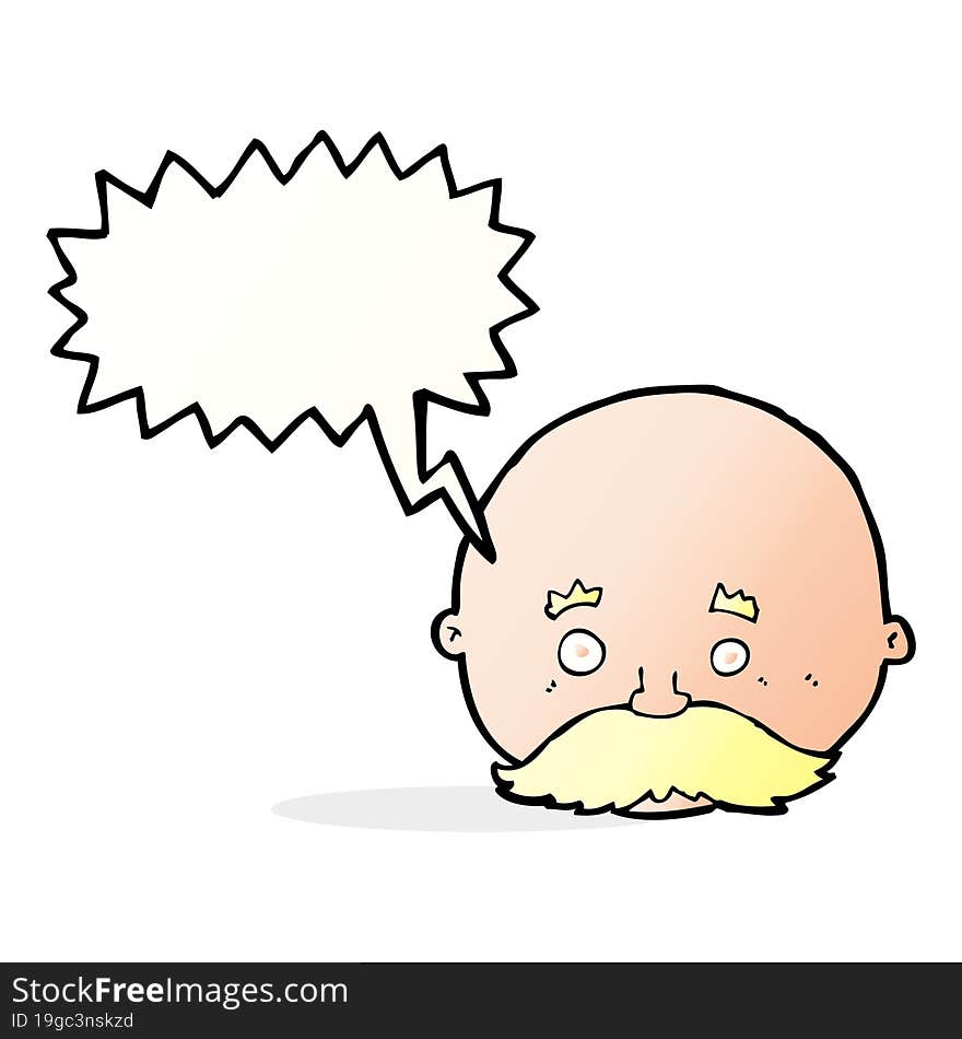 cartoon bald man with mustache with speech bubble