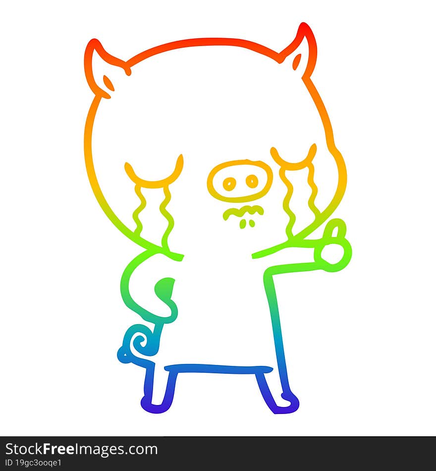 rainbow gradient line drawing of a cartoon pig crying