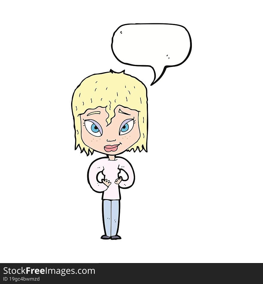 cartoon satisfied woman with speech bubble