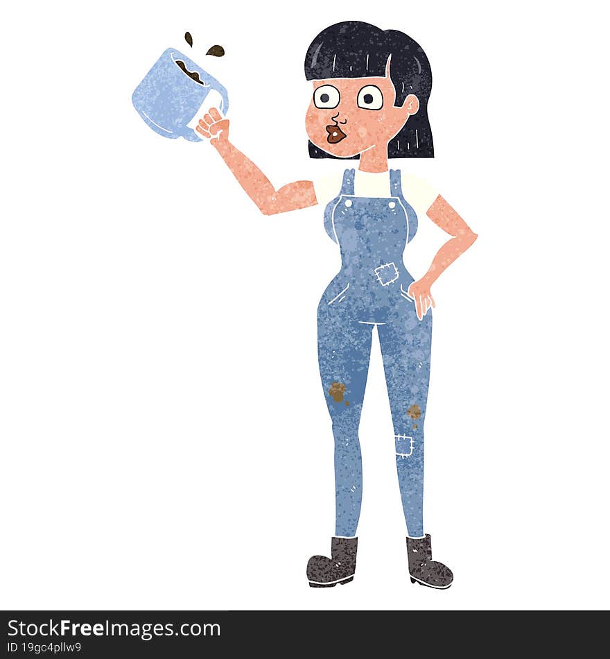 retro cartoon female worker with coffee mug