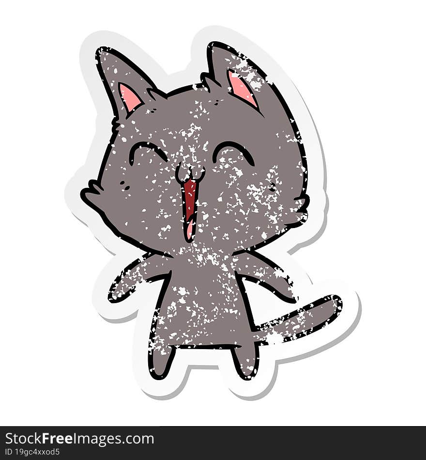 distressed sticker of a happy cartoon cat meowing