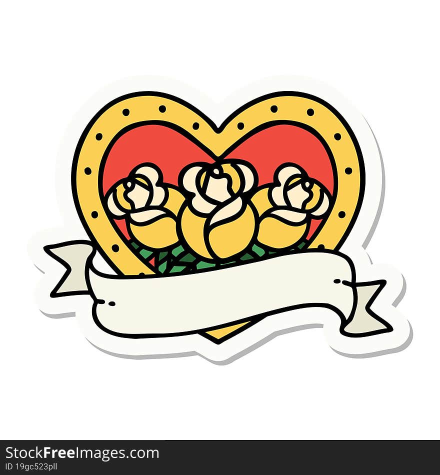 sticker of tattoo in traditional style of a heart and banner with flowers. sticker of tattoo in traditional style of a heart and banner with flowers