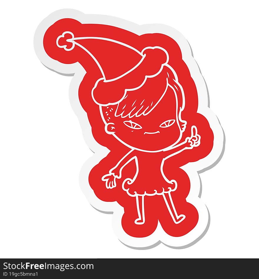 cute quirky cartoon  sticker of a girl with hipster haircut wearing santa hat