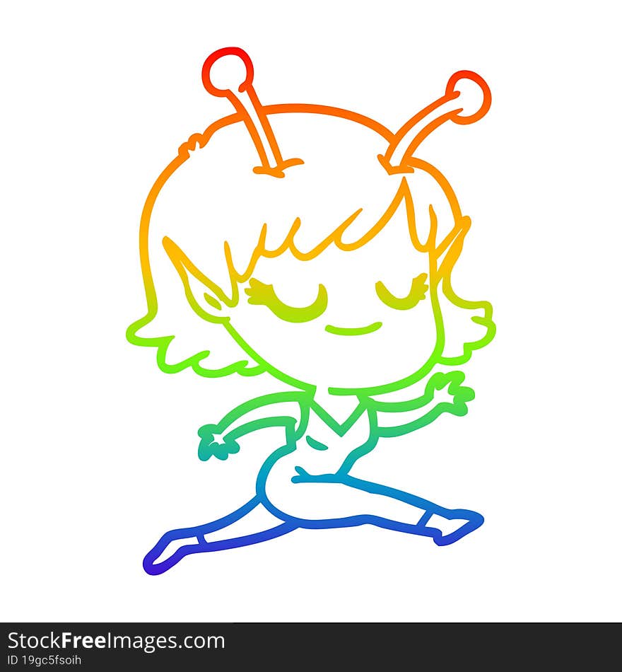 Rainbow Gradient Line Drawing Smiling Alien Girl Cartoon Running