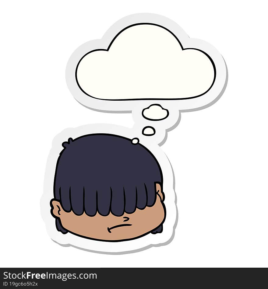 cartoon face with hair over eyes and thought bubble as a printed sticker