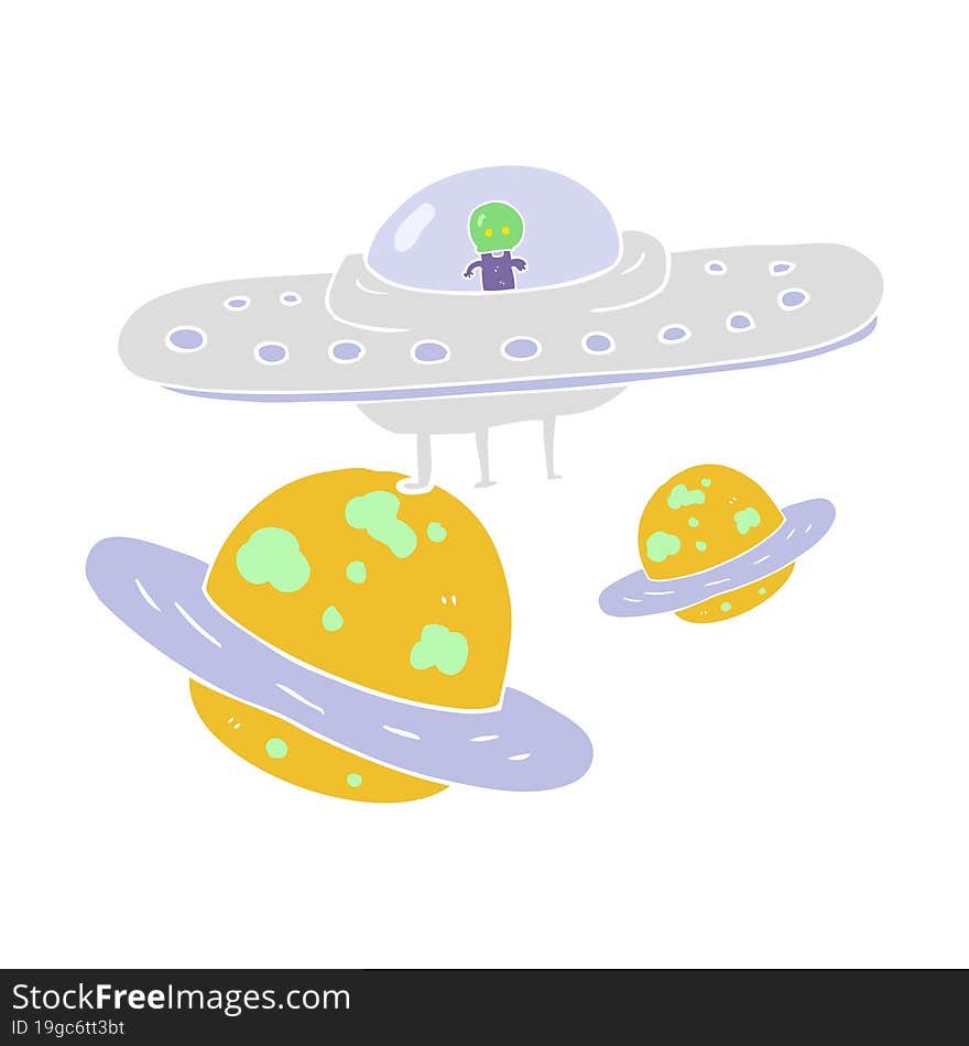 flat color illustration of a cartoon flying saucer in space