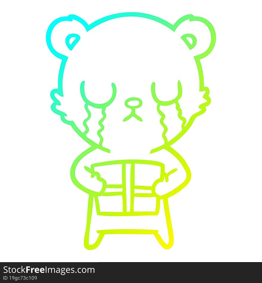 Cold Gradient Line Drawing Crying Cartoon Bear With Present