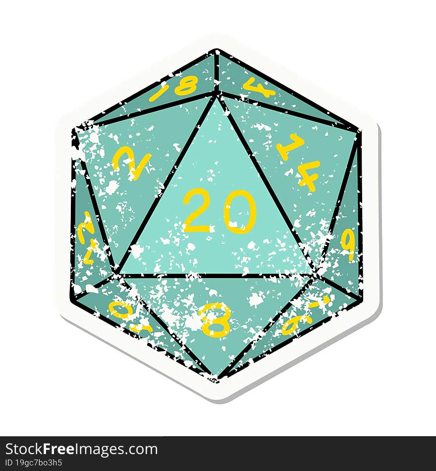 grunge sticker of a natural 20 D20 dice roll. grunge sticker of a natural 20 D20 dice roll