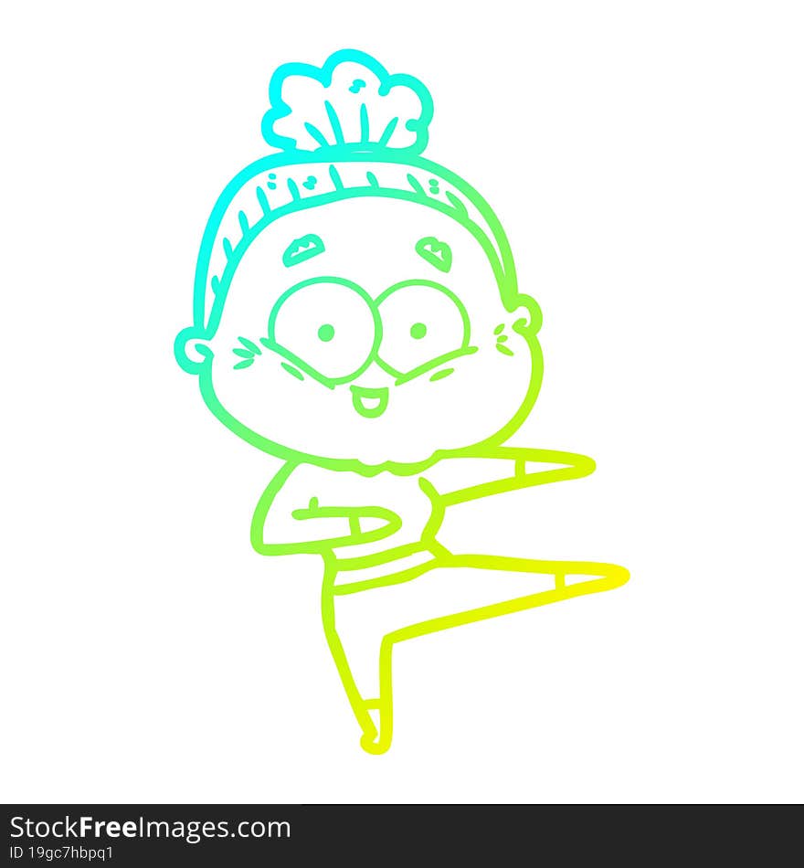 cold gradient line drawing of a cartoon happy old woman