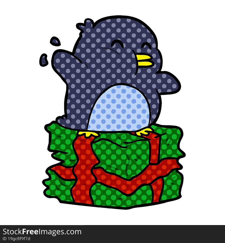 cartoon penguin on wrapped present. cartoon penguin on wrapped present