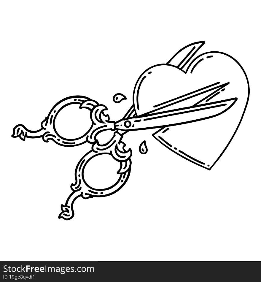 black line tattoo of scissors cutting a heart