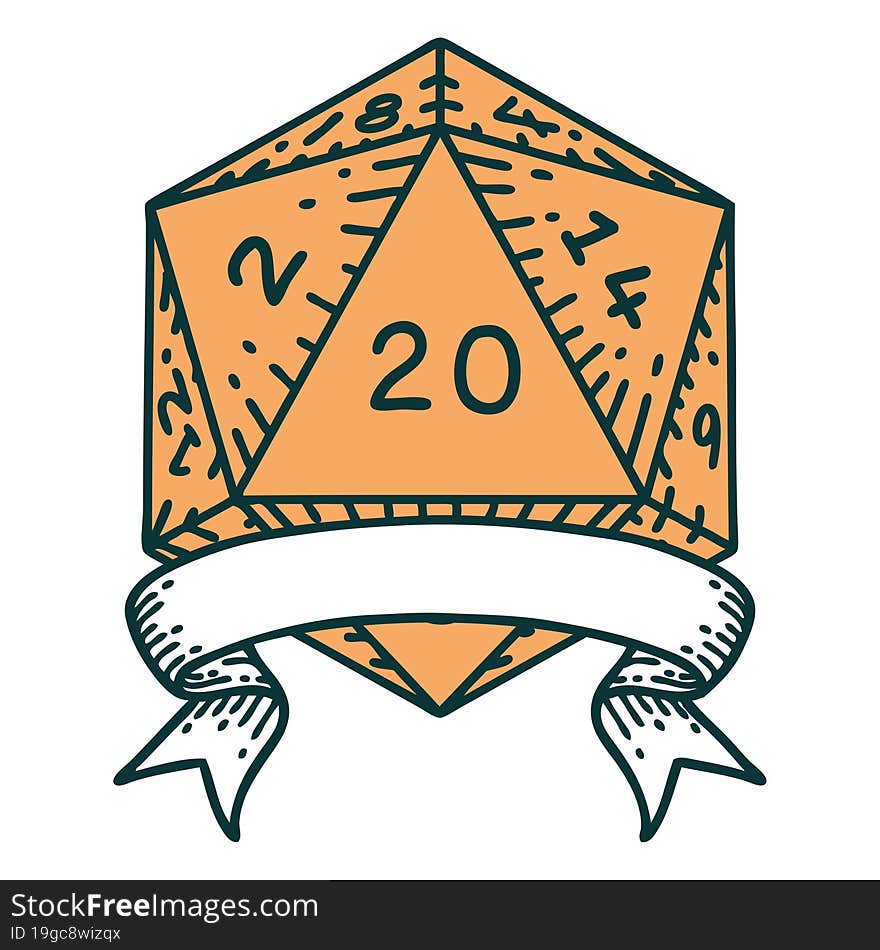 Retro Tattoo Style natural 20 critical hit D20 dice roll. Retro Tattoo Style natural 20 critical hit D20 dice roll