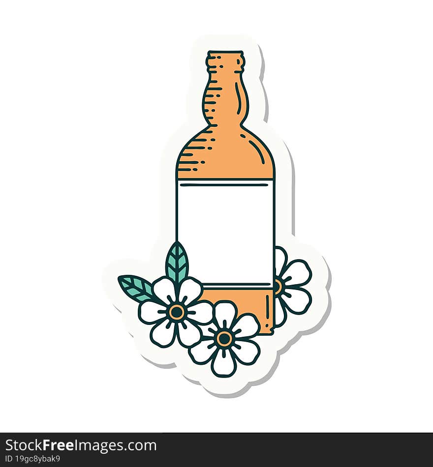 Tattoo Style Sticker Of A Rum Bottle And Flowers