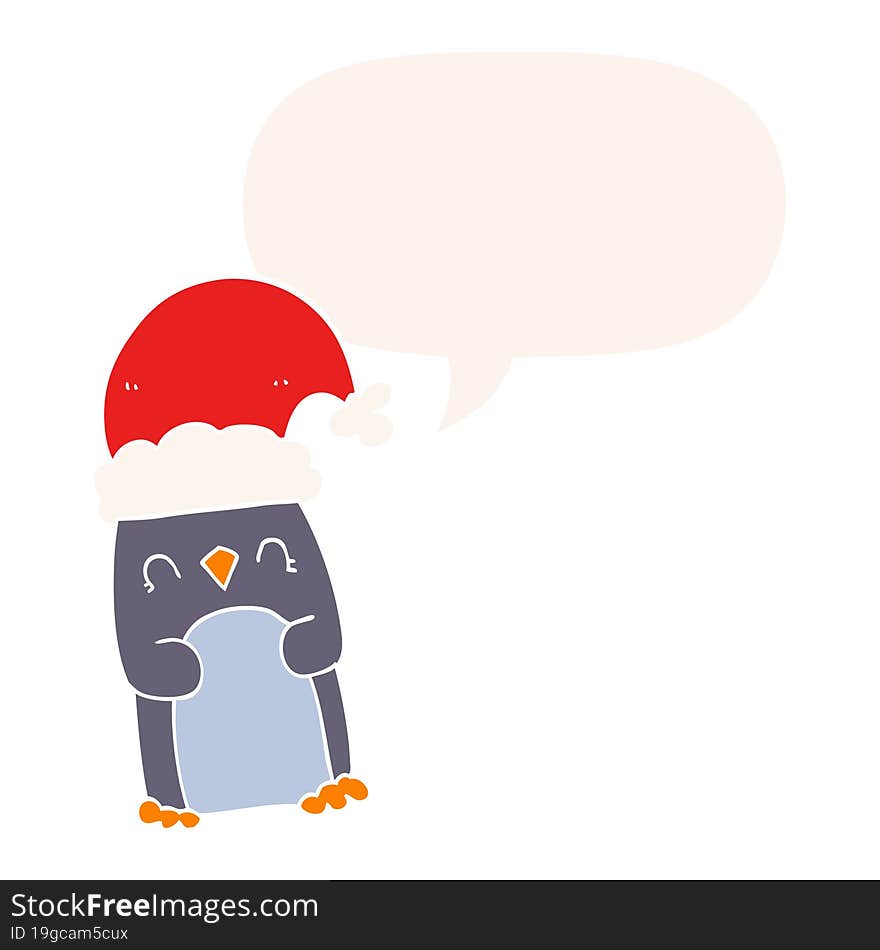 cartoon penguin with speech bubble in retro style