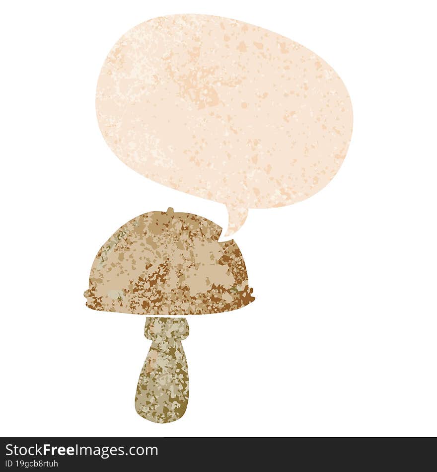 cartoon mushroom and speech bubble in retro textured style