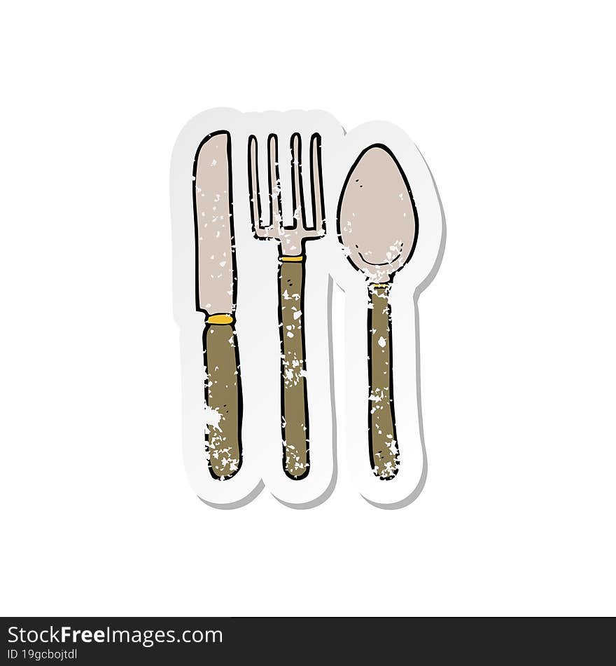 retro distressed sticker of a cartoon knife fork spoon