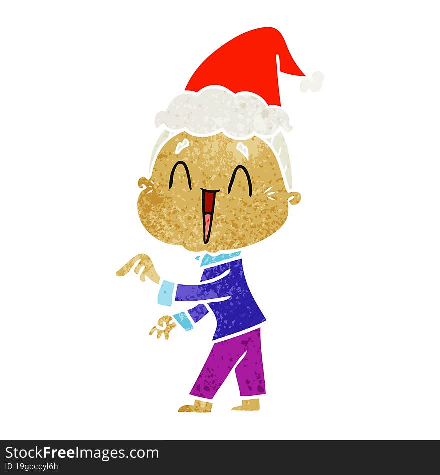 retro cartoon of a happy old lady wearing santa hat