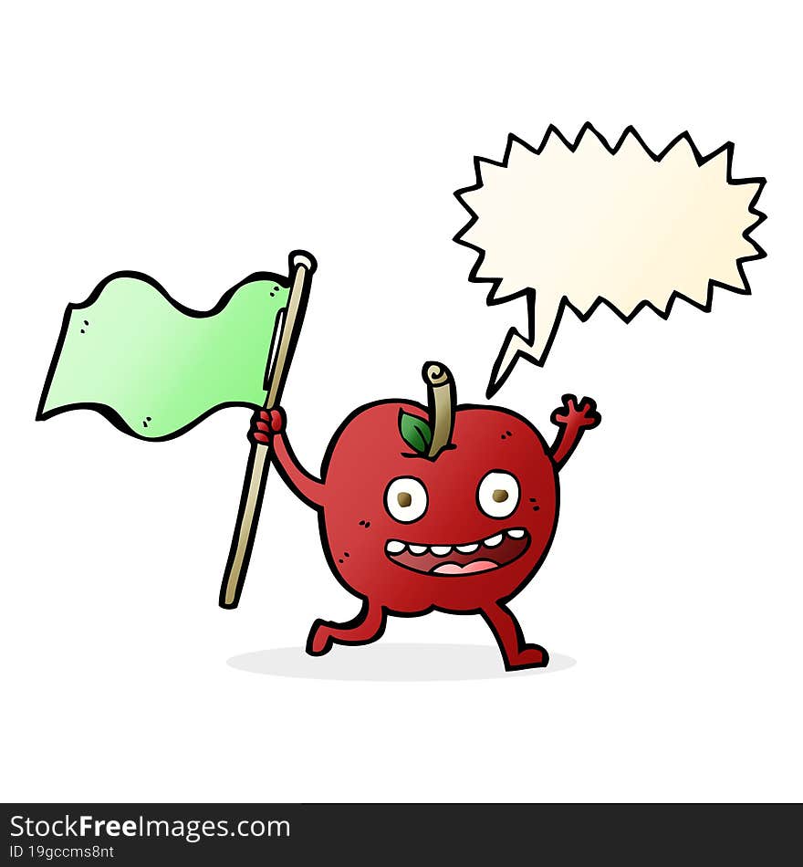 cartoon apple with flag with speech bubble