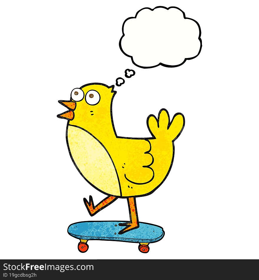 thought bubble textured cartoon bird on skateboard