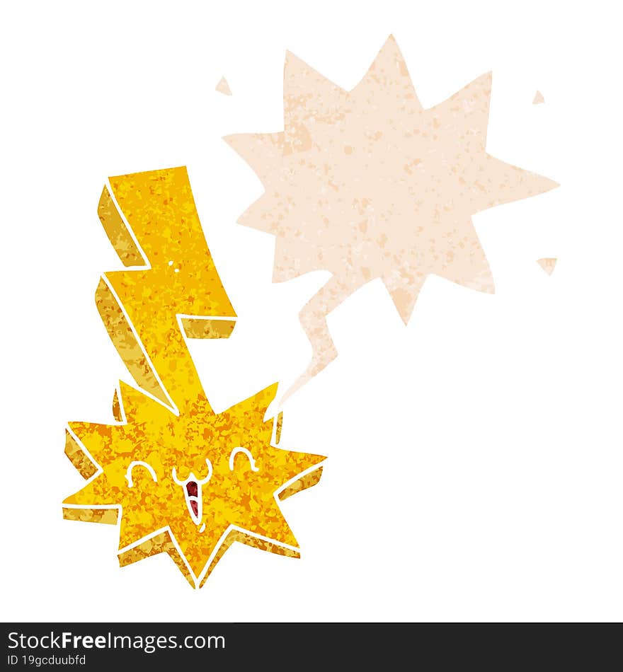 cartoon lightning bolt and speech bubble in retro textured style