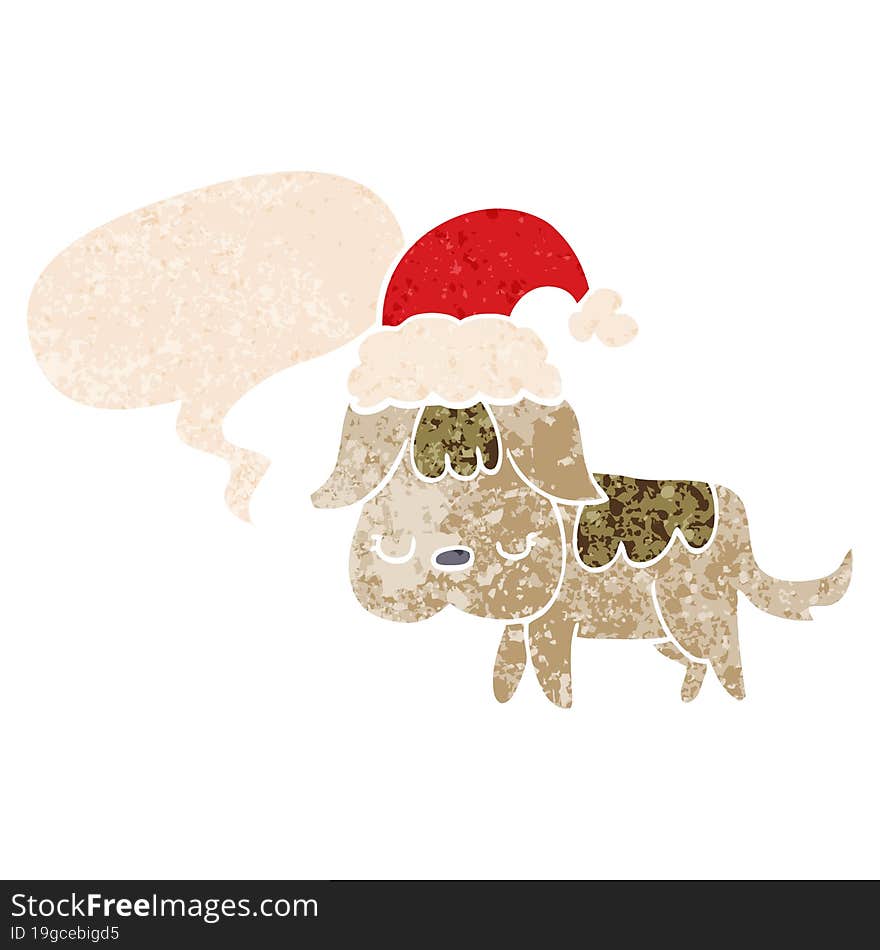 cute christmas dog and speech bubble in retro textured style