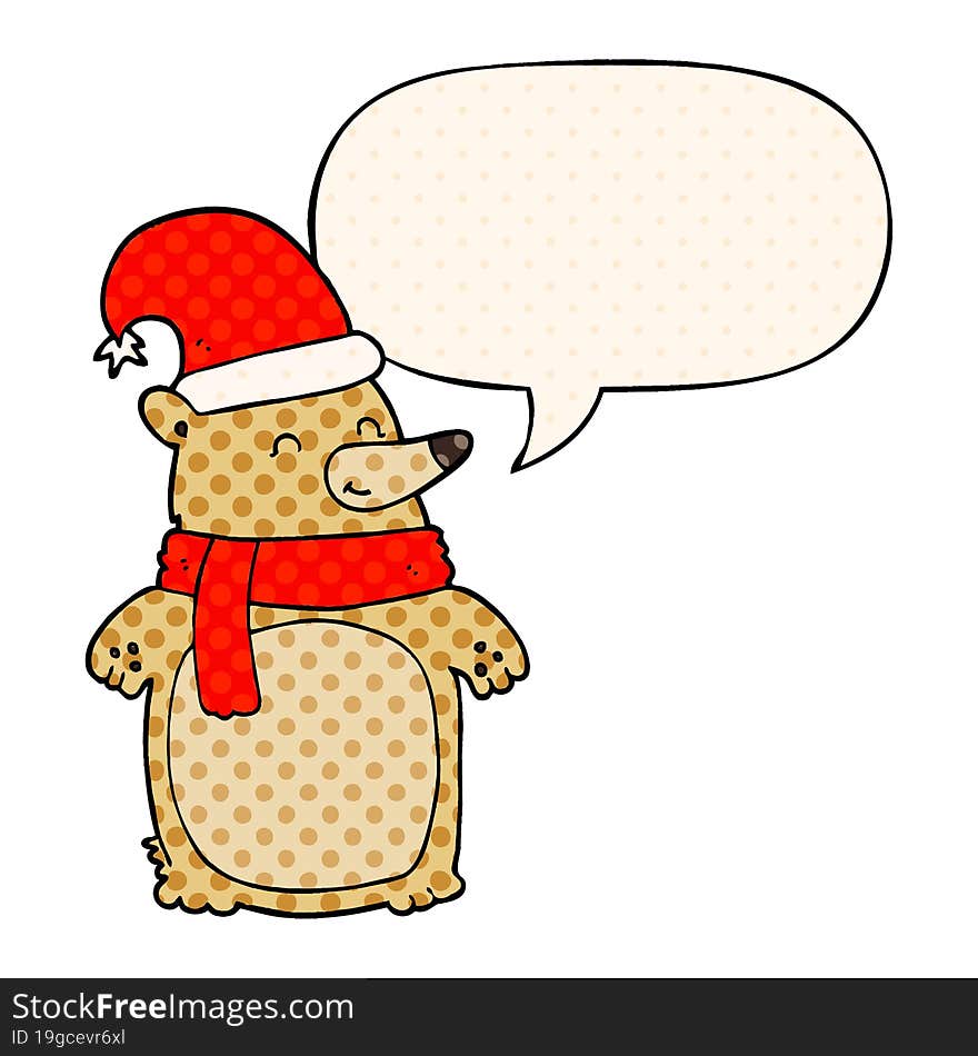 cartoon christmas bear and speech bubble in comic book style