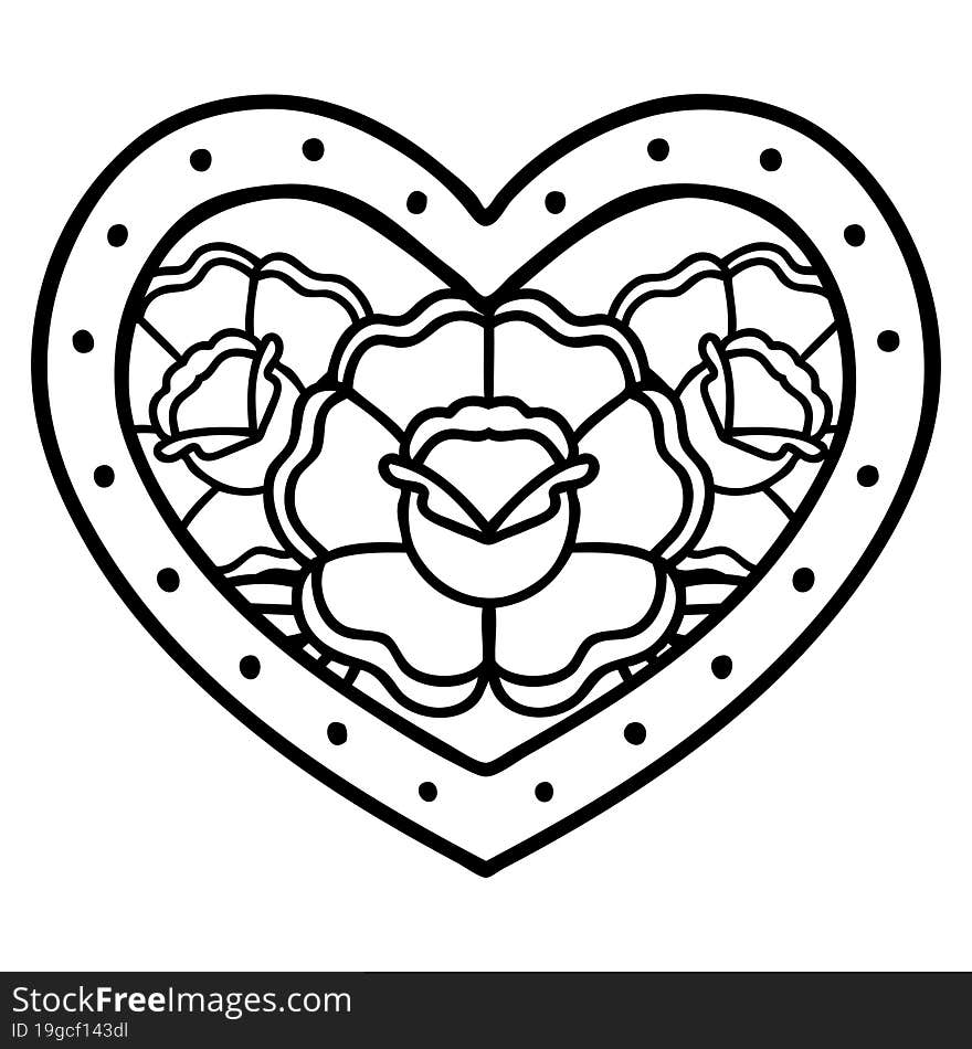 tattoo in black line style of a heart and flowers. tattoo in black line style of a heart and flowers