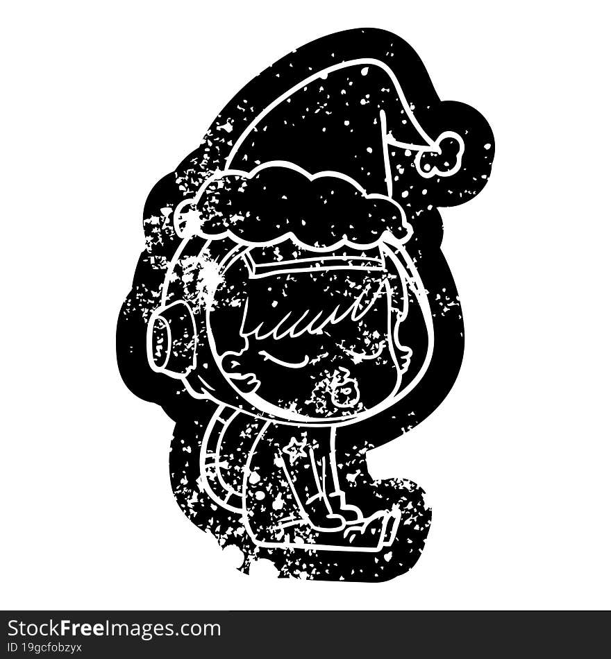 cartoon distressed icon of a pretty astronaut girl sitting waiting wearing santa hat