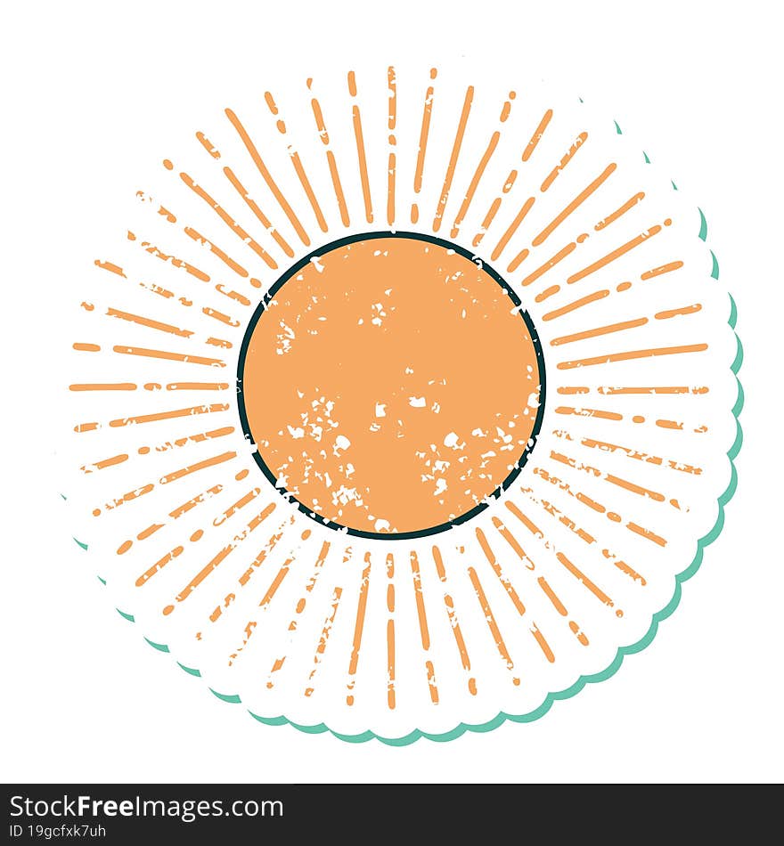 distressed sticker tattoo style icon of a sun