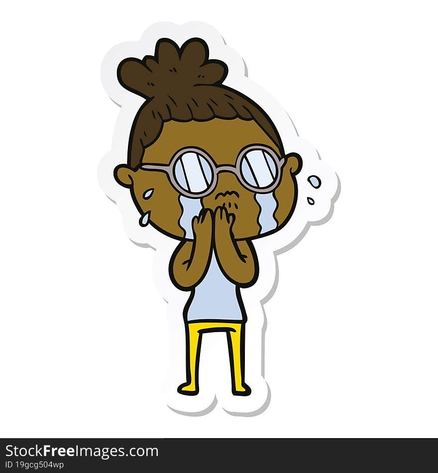 sticker of a cartoon crying woman wearing spectacles