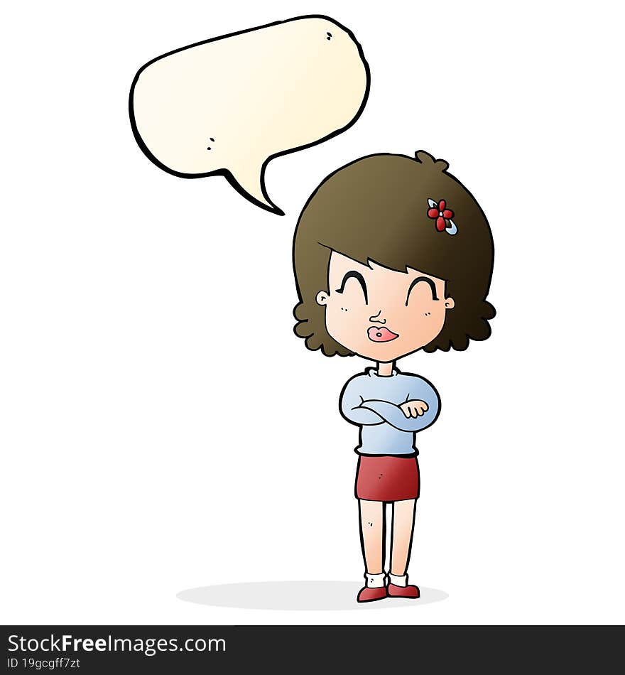 cartoon happy woman with folded arms with speech bubble