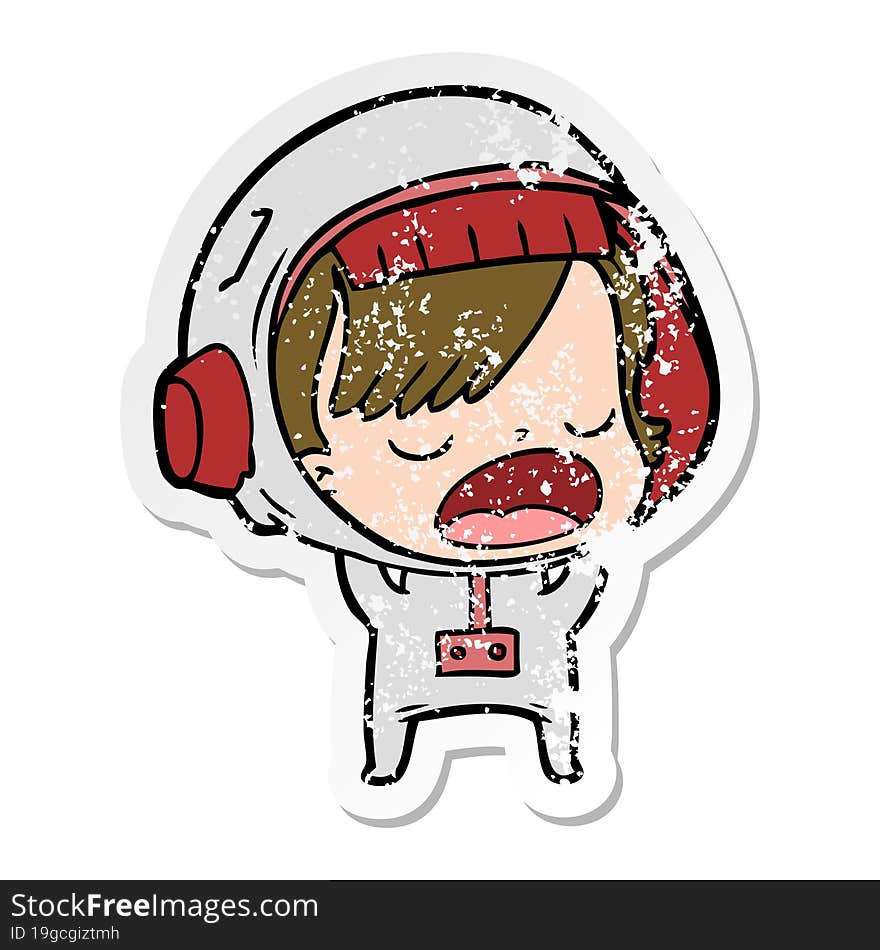 distressed sticker of a cartoon talking astronaut woman