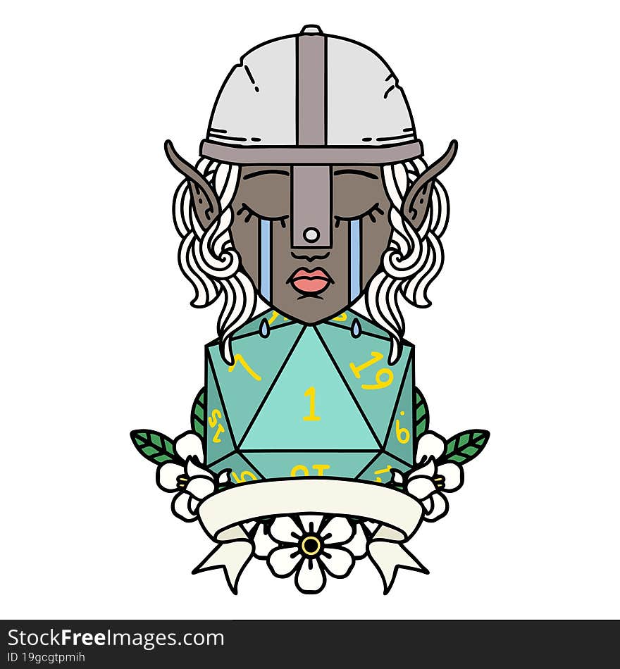 crying elf fighter character face with natural one D20 roll illustration