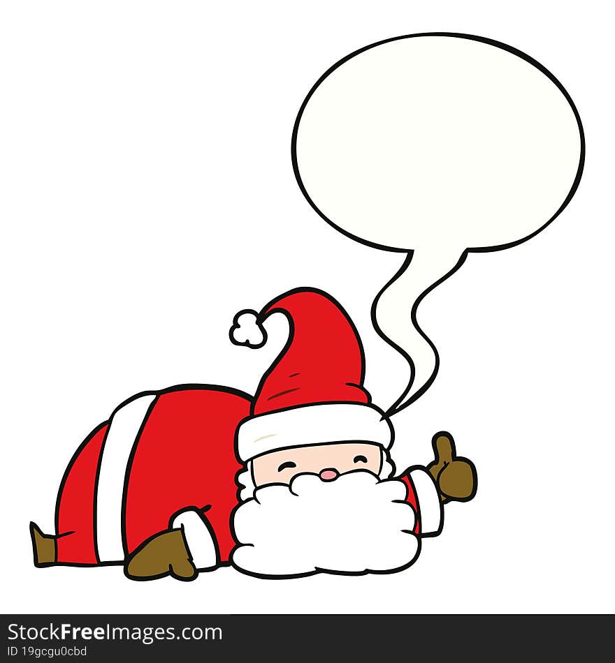 cartoon sleepy santa giving thumbs up symbol with speech bubble