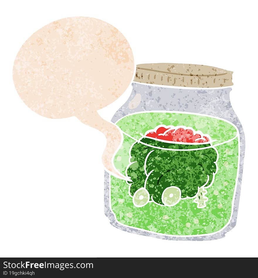 cartoon spooky brain in jar and speech bubble in retro textured style