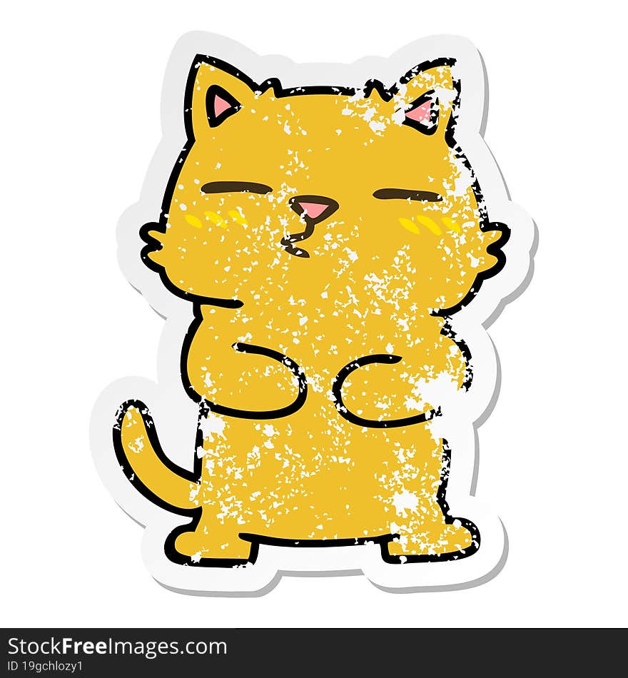 distressed sticker of a quirky hand drawn cartoon cat