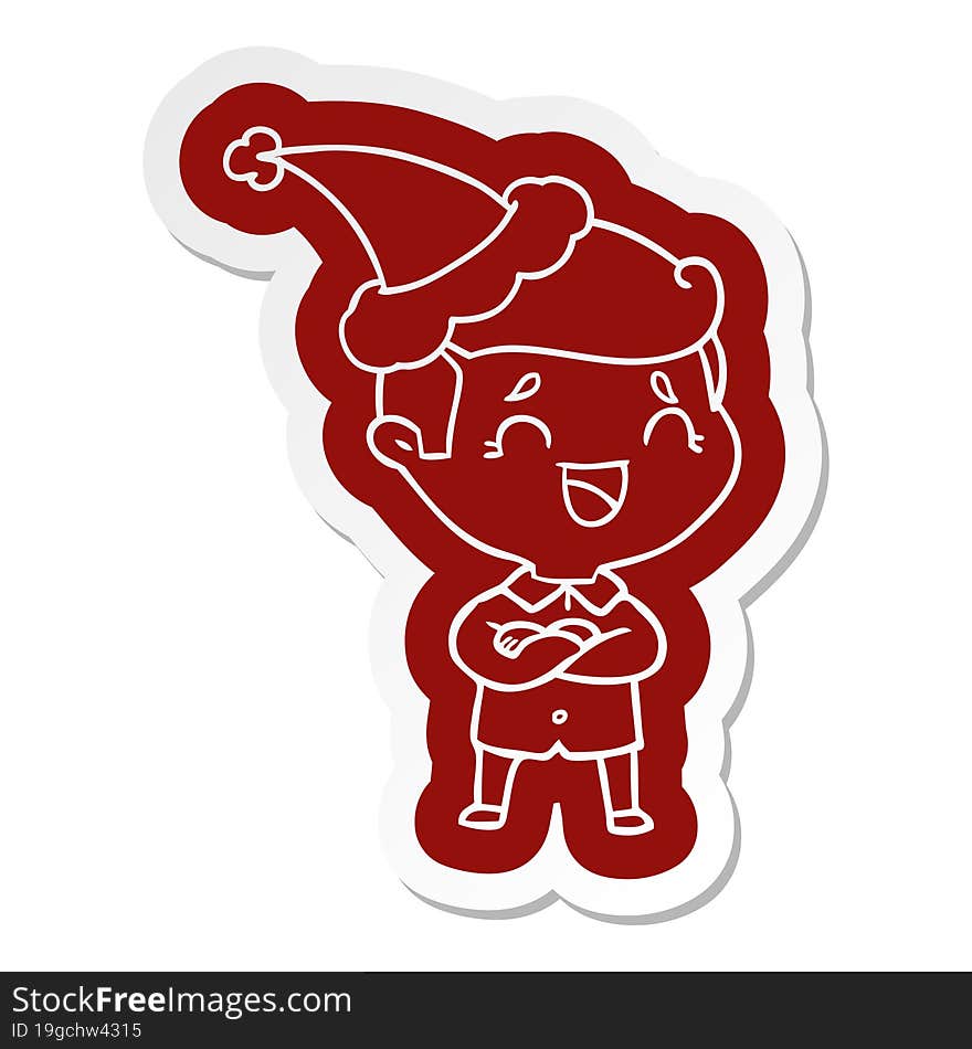 cartoon  sticker of a laughing man wearing santa hat