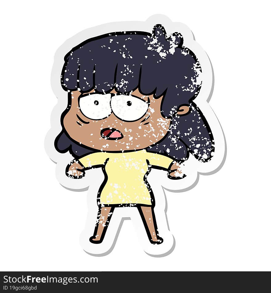 Distressed Sticker Of A Cartoon Tired Woman