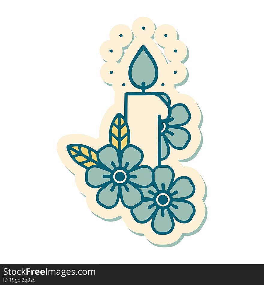 tattoo style sticker of a candle and flowers